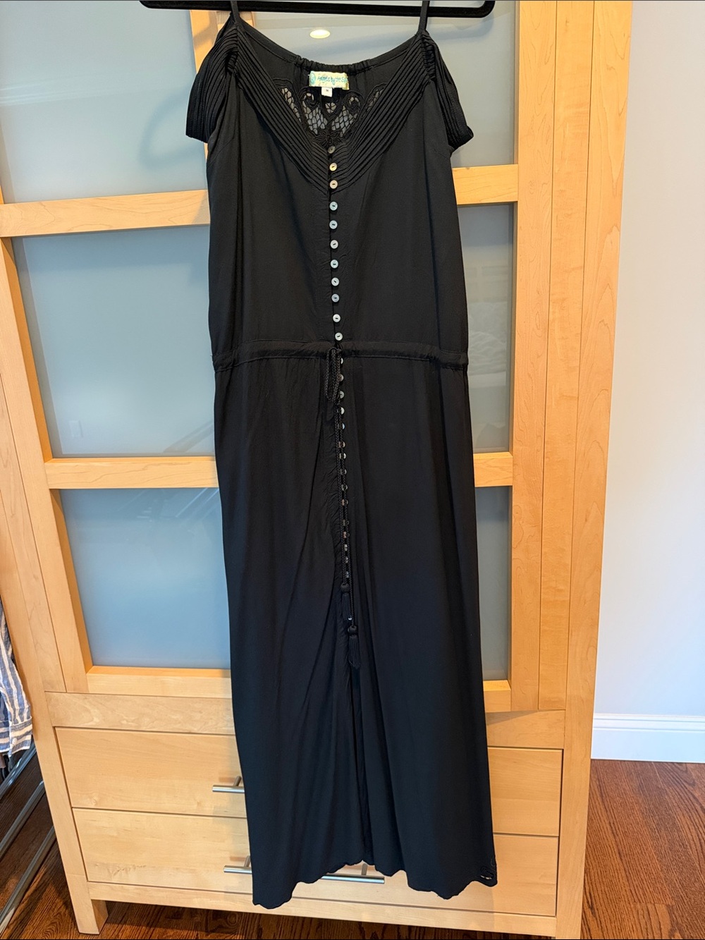 Angels by the Sea Maxi Dress with Lace Yoke and Button Front. Drawstring waist.